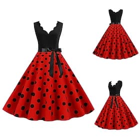 1950er Retro Vintage Rockabilly Knielang Kleid Weihnachtskleid Rockabilly Tupfen V Ausschnitt Kostüm Damen Weihnachten Halloween Karneval Abschlussball Heimkeh
