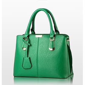 Women's Green Faux Leather Handbag – Elegant Structured Tote Bag with Gold Accents for Work, Travel  Everyday Use