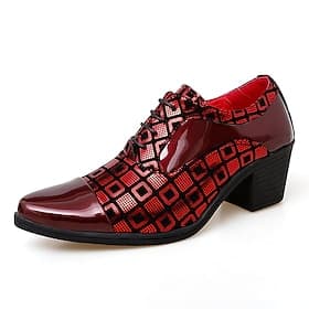 Men's Red and Black Patent Leather Block Heel Oxford Shoes with Geometric Print – Formal Party and Dance Footwear