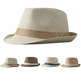 Men's Straw Hat Sun Hat Panama Hat Fedora Trilby Hat Blue Brown Pure Cotton Classic Retro Pure Color Party 1920s Fashion Vintage Party Dailywear Color Block Ou