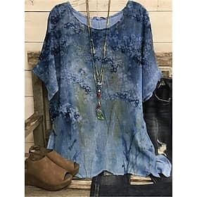 Blouse femme grande taille en chiffon vintage basique vacances imprimé floral manches dolman manches courtes hauts réguliers col ras du cou vacances quotidien