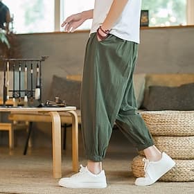Men's Harem Joggers Linen Pants Trousers Summer Pants Drawstring Plain Outdoor Ankle-Length Home Casual Daily Chinoiserie Folk Style Loose Fit ArmyGreen Black