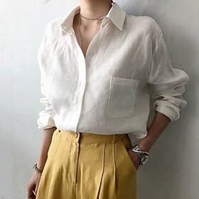 Women's Linen-feel Shirts Button Up Long Cotton Top White Cotton Top Pocket Buttons Plain Streetwear Casual Long Sleeve Shirt Collar Regular Tops Daily Busines
