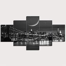 5 Panels Wall Art Canvas Prints Painting Artwork Picture Night Bridge Urban Landscape Skyline Home Decoration Décor Rolled Canvas No Frame Unframed Unstretched