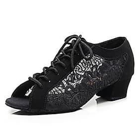 Black Lace-Detail Dance Shoes with Open-Toe, Soft Suede Sole and Lace-Up Design – Comfortable Ballroom and Latin Dance Shoes for Women