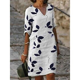 Women's Midi Dress Casual Dress Shift Dress Basic Outdoor Daily Going out Loose Fit Leaf Half Sleeve V Neck White Spring Fall Autumn