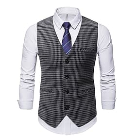 Men's Vest Waistcoat Wedding Daily Streetwear Business Fall Winter Print Polyester Breathable Houndstooth Single Breasted Turndown Regular Fit Black Coffee Ves