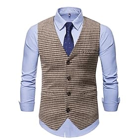 Men's Vest Waistcoat Wedding Work Business Business Casual Fall Winter Patchwork Pocket Cotton Blend Thermal Warm Color Block Houndstooth Single Breasted V Nec