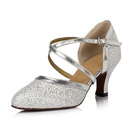 silberne Glitzer-Tanzschuhe mit Kreuzriemen und Schnallendetail – bequeme Standard- und Latein-Tanzschuhe für Damen