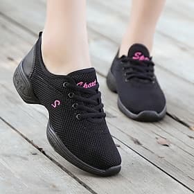 Women's Black Mesh Dance Sneakers with Lace-Up Design  Breathable Lightweight Jazz Shoes for Fitness, Dance Classes, and Zumba