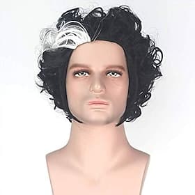 Sweeney Todd Cosplay Wigs for Men Short Bob Curly Synthetic Wig White Highlight Black Color Hair Natural Hairline Heat Resistant Fiber Wigs for Boy  Party Hall