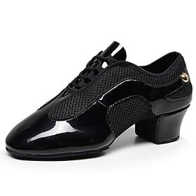 Women's Black Patent Leather Latin Dance Shoes – Breathable Mesh Lace-Up Ballroom Performance Shoes with Suede Sole for Salsa and Tango