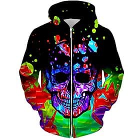 Men's Skull Graphic Prints Skeleton Hoodie Hoodies Sweatshirt Streetwear Casual Big and Tall Athletic Long Sleeve Hooded Daily Sports Green Zipper Print Spring