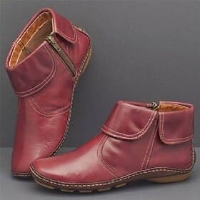 Women's Burgundy Faux Leather Ankle Boots with Side Zipper, Comfortable Casual Flat Short Boots for Walking and Daily Wear