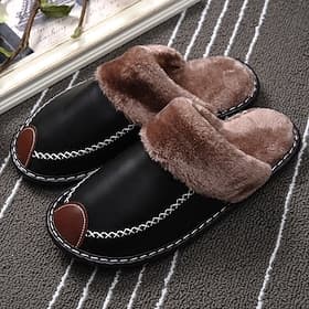 Men's Faux Leather Winter Slippers with Plush Lining and Non-Slip Sole - Warm and Comfortable Indoor Footwear