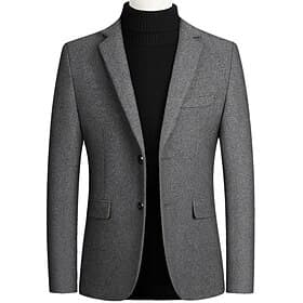 Men's Wool Coat Blazer Wedding Office Office / Career Fashion Classic Style Autumn / Fall Wool Solid Color Thermal Warm Warm Single Breasted Blazer Black Wine