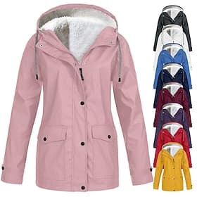 Women's Rain Jacket Raincoat Hiking Fleece Jacket Winter Outdoor Warm Waterproof Windproof Fleece Hooded Parka Outerwear Windbreaker Trench Coat Top Full Zip S