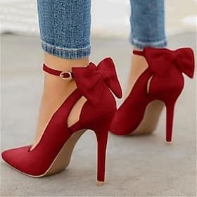 Tacones de aguja rojos para mujer con detalle de lazo y correa en el tobillo: elegantes zapatos de fiesta de ante