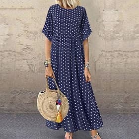 abito casual da donna abito svasato abito a pois abito lungo maxi abito verde blu giallo manica corta stampa a pois primavera estate girocollo basic quotidiano