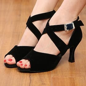 Women's Black Suede Latin Dance Shoes – Open Toe Heels with Soft Suede Sole and Cross Ankle Straps for Ballroom, Salsa, and Performance Practice