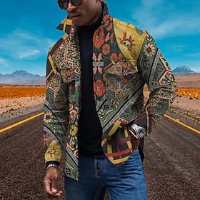Men's Floral Ethnic Collared Shirt Fleece Shirt Shirt Jacket Long Sleeve Vintage Sporty Retro Outdoor Daily Going out Summer Spring Turndown Print Yellow Red B