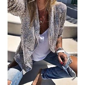 Blazer Femme Paillettes Veste Sequin Manteau Blanche Noir Dorée Soirée Printemps Eté Automne Standard S M L XL XXL