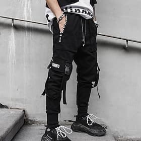 Men's Cargo Pants Cargo Trousers Joggers Trousers Harem Pants Elastic Waist Buckle Strap Plain Full Length Club Weekend Fashion Streetwear Loose Fit Black