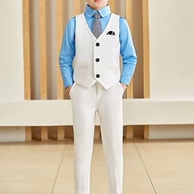 3 Pieces Ring Bearer Suit Boys Kids Suit Formal Suit Suit  Blazer Clothing Set Party Fashion Basic Gentle Solid Color Black White Polyester