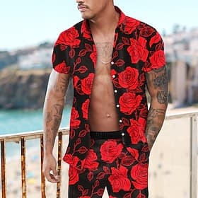Voor heren Bloemig roze 2 stuks Overhemden Sets Hawaiiaans overhemd Korte mouw Korte broek Strijkijzer Modieus Hawaii Ontwerper Buiten Vakantie Strand 3D-afdru