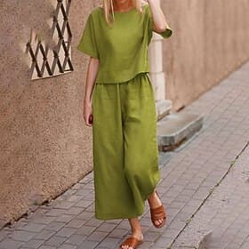 Women's T Shirt Faux Cotton Linen Short Sleeve Crew Neck Pure Color Elastic Waist Basic Fashion Simple Comfort Home St.Patrick's Day Street Blue Black Light Gr