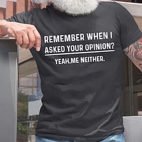 Mens T-Shirt: Funny Sarcastic Quote Graphic Tee 'Remember When I Asked Your Opinion? Yeah, Me Neither.' Short Sleeve Lifestyle Top