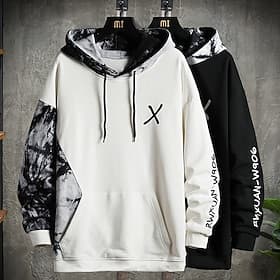 Men's Graphic Color Block Letter Hoodie Hoodies Sweatshirt Cool Casual Big and Tall Athletic Long Sleeve Hooded Casual Black White Patchwork Print Front Pocket