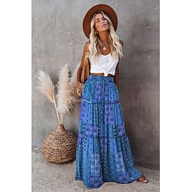 Women's Skirt Swing Long Skirt Bohemia Maxi Skirts Drawstring Print Graphic Solid Colored Causal Vacation Spring Summer Vintage Boho Red Blue Purple