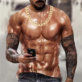 Men's 3D Muscle T Shirt T Shirt Short Sleeve T shirt 3D Print Crew Neck Shirt Sports Designer Classic Daily Sports Weekend Gold Brown Summer Clothing Apparel S