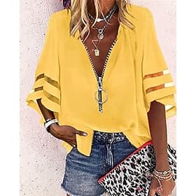 Women's Shirt Blouse Black White Yellow Plain Striped Zipper 3/4 Length Sleeve Daily Holiday Basic Business Casual V Neck S thumbnail 2