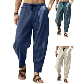 Men's Linen Pants Summer Pants Pocket Drawstring Plain Casual Daily Yoga Cotton Blend Basic Classic Black White