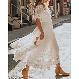 Women's Maxi long Dress White Lace Dress Summer Dress Elegant Romantic Boho Beach Vacation Holiday Regular Fit Pure Color Short Sleeve V Neck White Summer Spri