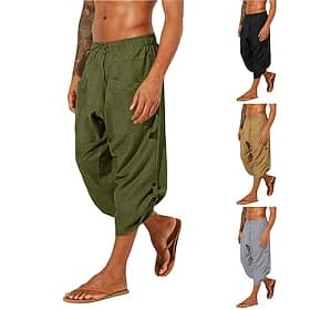Men's Linen Shorts Summer Shorts Bloomers Baggy Pants Beach Shorts Elastic Drawstring Design Front Pocket Plain Comfort Soft Calf-Length Casual Daily Sports Fa