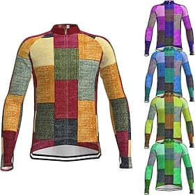 Men's Cycling Jersey Graphic Color Block Plaid Checkered Long Sleeve Bike Jersey Top with 3 Rear Pockets Mountain Bike MTB Road Bike Cycling Quick Dry Reflecti