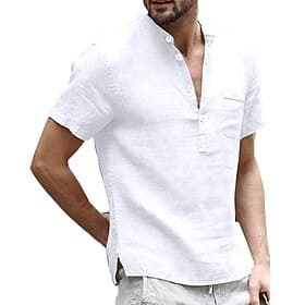 Men's Linen Shirt Band Collar Shirt Summer Shirt Beach Wear Casual Shirt Solid Color Outdoor Street Black White Light Green Blue Short Sleeve Henley Summer Spr