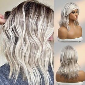 Human Hair Blend Wig Medium Length Natural Wave Side Part Layered Haircut Asymmetrical With Bangs Blonde Cosplay Curler  straightener Natural Hairline Capless