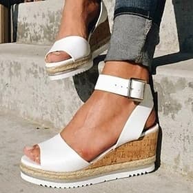 Women's White Cork Wedge Sandals with Ankle Strap – Casual Summer Platform Shoes for Everyday Wea