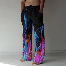Men's Trousers Summer Pants Beach Pants Elastic Drawstring Design Front Pocket Straight Leg Graphic Prints Flame Comfort Soft Casual Daily For Vacation Linen L