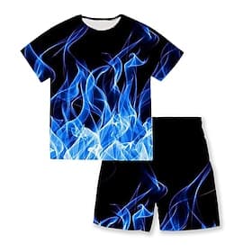 2 Pieces Kids Boys T-shirt  Shorts Clothing Set Outfit Graphic Short Sleeve Print Set Outdoor Sports Fashion Cool Summer Spring 3-13 Years Blue