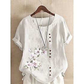 Women's 100% Cotton 100% Shirt Blouse Floral Linen Vintage Basic Holiday Short Sleeve Crew Neck Regular Tops Daily Buttons Print White Yellow Pink Lavender Gre