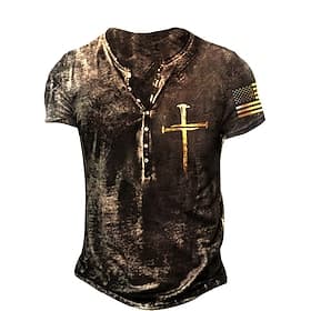 Herren Grafik Kreuz Amerikanische Flagge T Shirt Henley Hemd T-Shirt Kurzarm 3D-Druck Designer Basic Lässig Täglich Outdoor Sport Sommer Blau Schwarz / Weiß Br