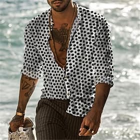 Men's Shirt Summer Shirt Button Up Shirt Black-White Black White Red Long Sleeve Polka Dot Collar Street Casual Button-Down Clothing Apparel Polyester Sports F