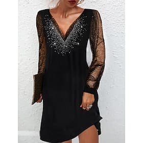 Women's Mini Dress Shift Dress Black Dress Sequin Dress Casual Dress Fashion Stylish Romantic Winter Dress Date Going out Regular Fit Print Long Sleeve Deep V