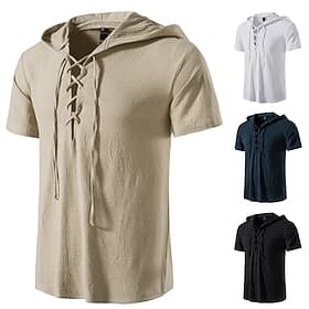 Medieval Viking T-shirt Cotton Short Sleeve Hooded Shirts Men's Retro Style Lace up Hippie Matching LARP Costume