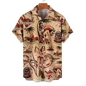 Voor heren Palmblad Pin-up meisje Overhemd Hawaiiaans overhemd Aloha-shirt Korte mouw Overhemd Strijkijzer Vintage Modieus Ontwerper Vakantie Casual Dagelijks